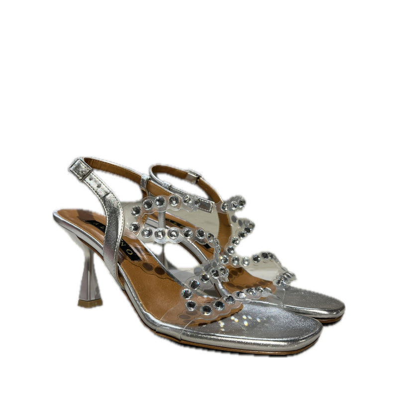 ALBANO SANDALO CON TACCO E STRASS 3014 METALLIZZATO ARGENTO