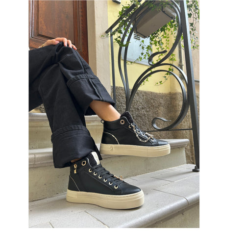 PATRIZIA PEPE SNEAKERS ALTA PJ901.31 VITELLO NERO-PLATINO